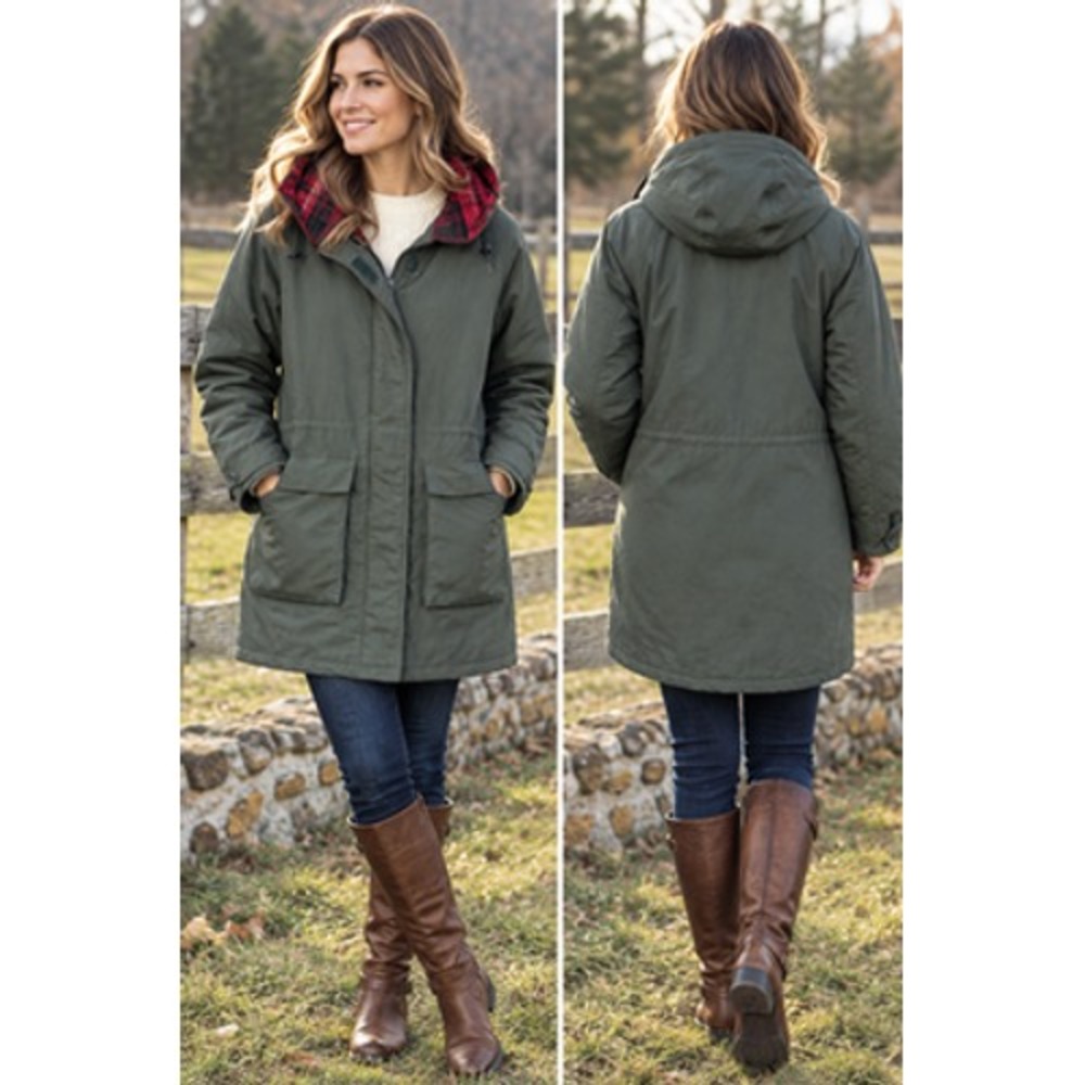 Vintage Woolrich Woman Medium Parka Coat Green Plaid Lined Hooded Thinsulate USA